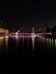Arching bridge at night with a reflection of purple lights in the water